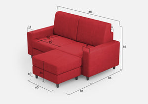 Divano 2 Posti con Pouf 148x155x85 cm Sakar in Tessuto Rosso