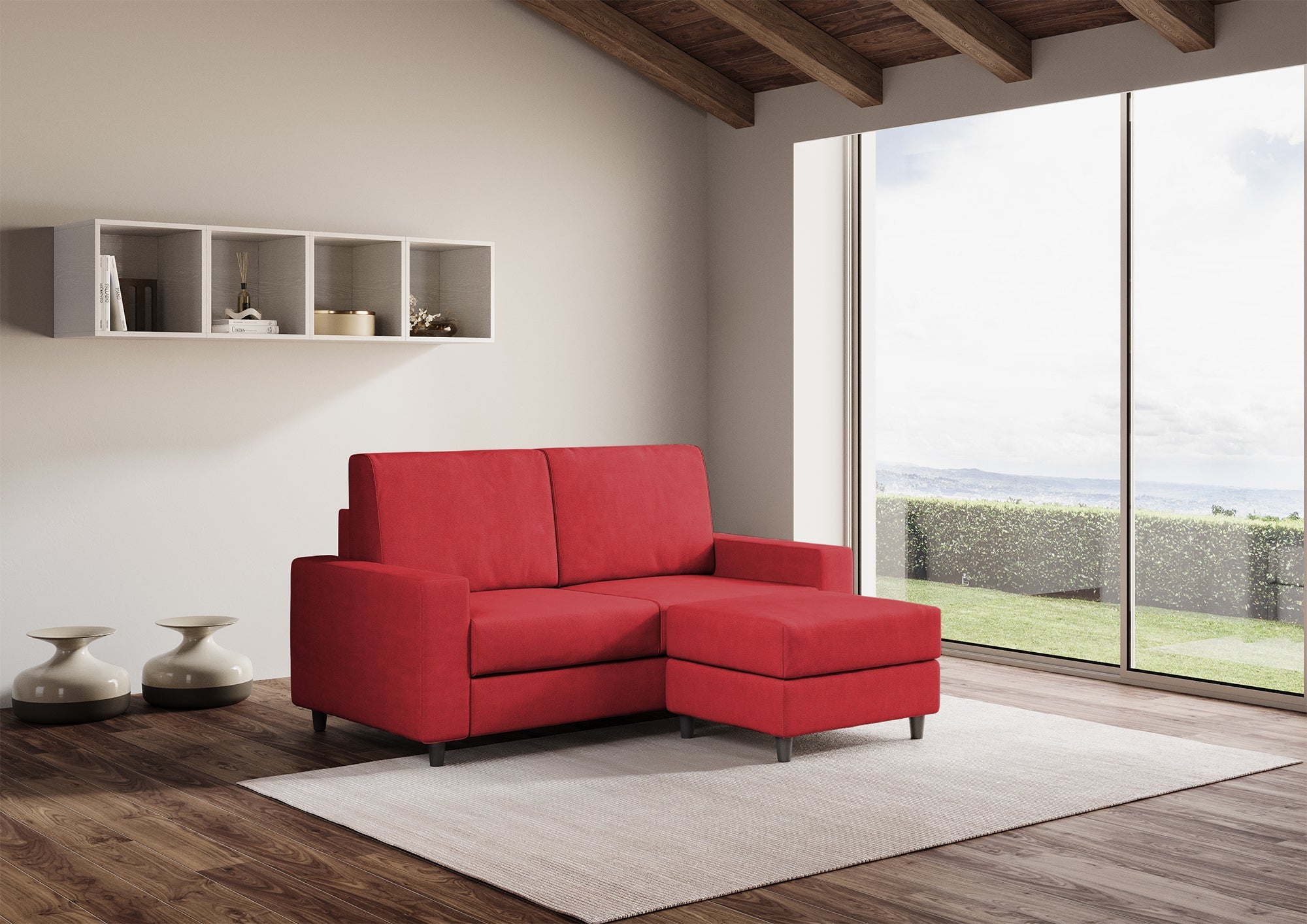 Divano 2 Posti con Pouf 148x155x85 cm Sakar in Tessuto Rosso