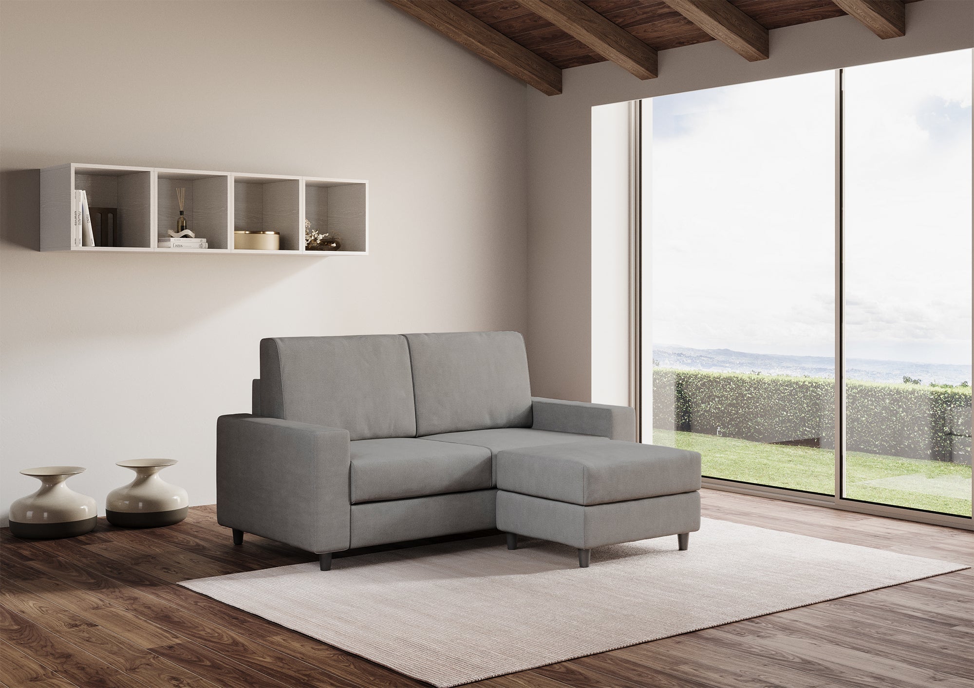 Divano 2 Posti con Pouf 168x145x85 cm Sakar in Tessuto Grigio