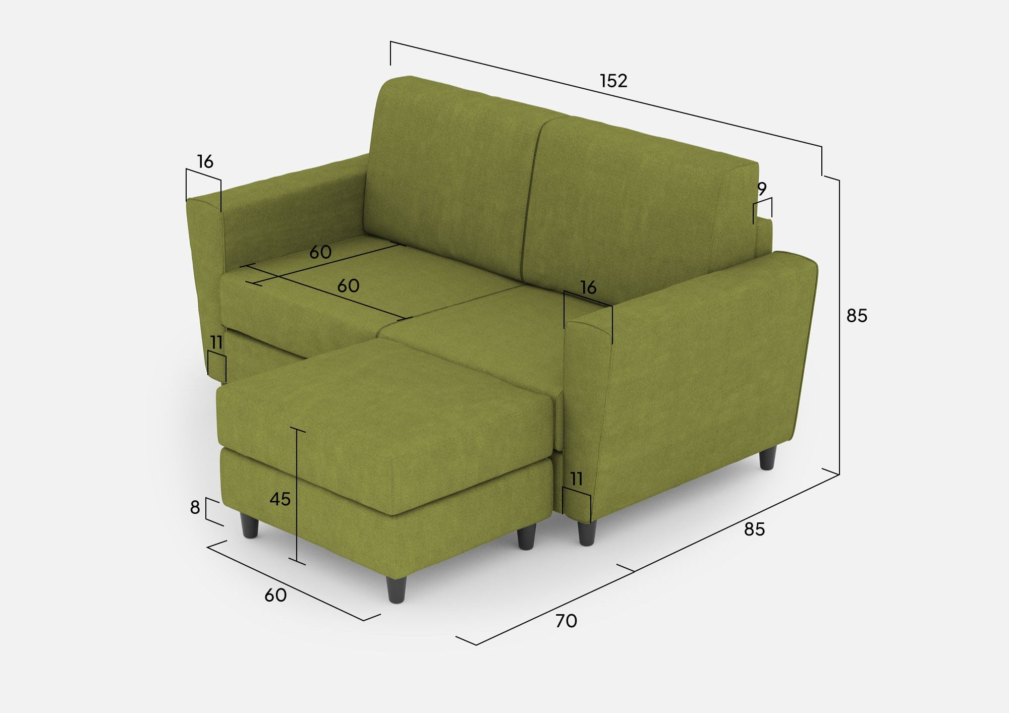 Divano 2 Posti con Pouf 172x145x85 cm Yasel in Tessuto Verde