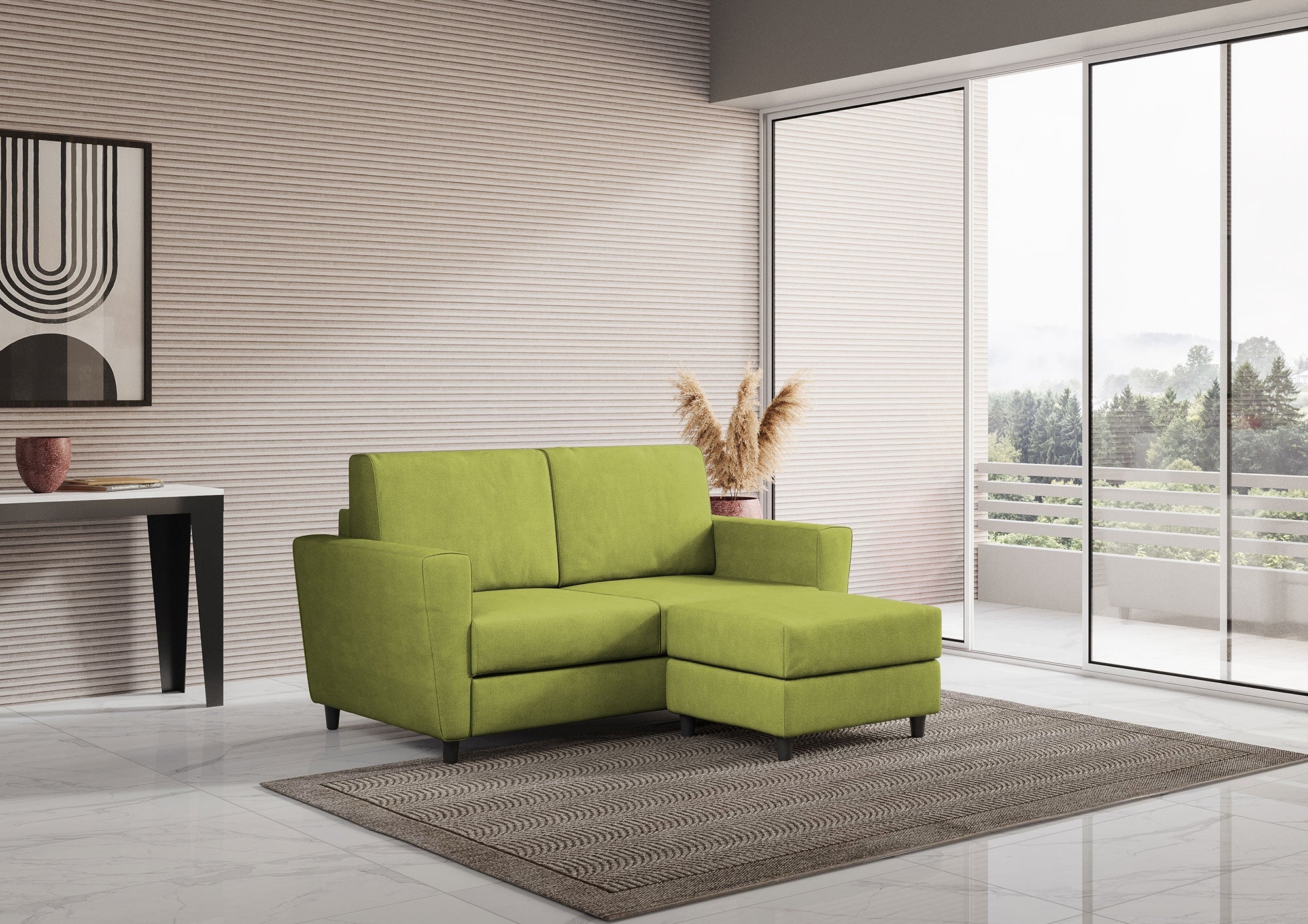 Divano 2 Posti con Pouf 172x145x85 cm Yasel in Tessuto Verde