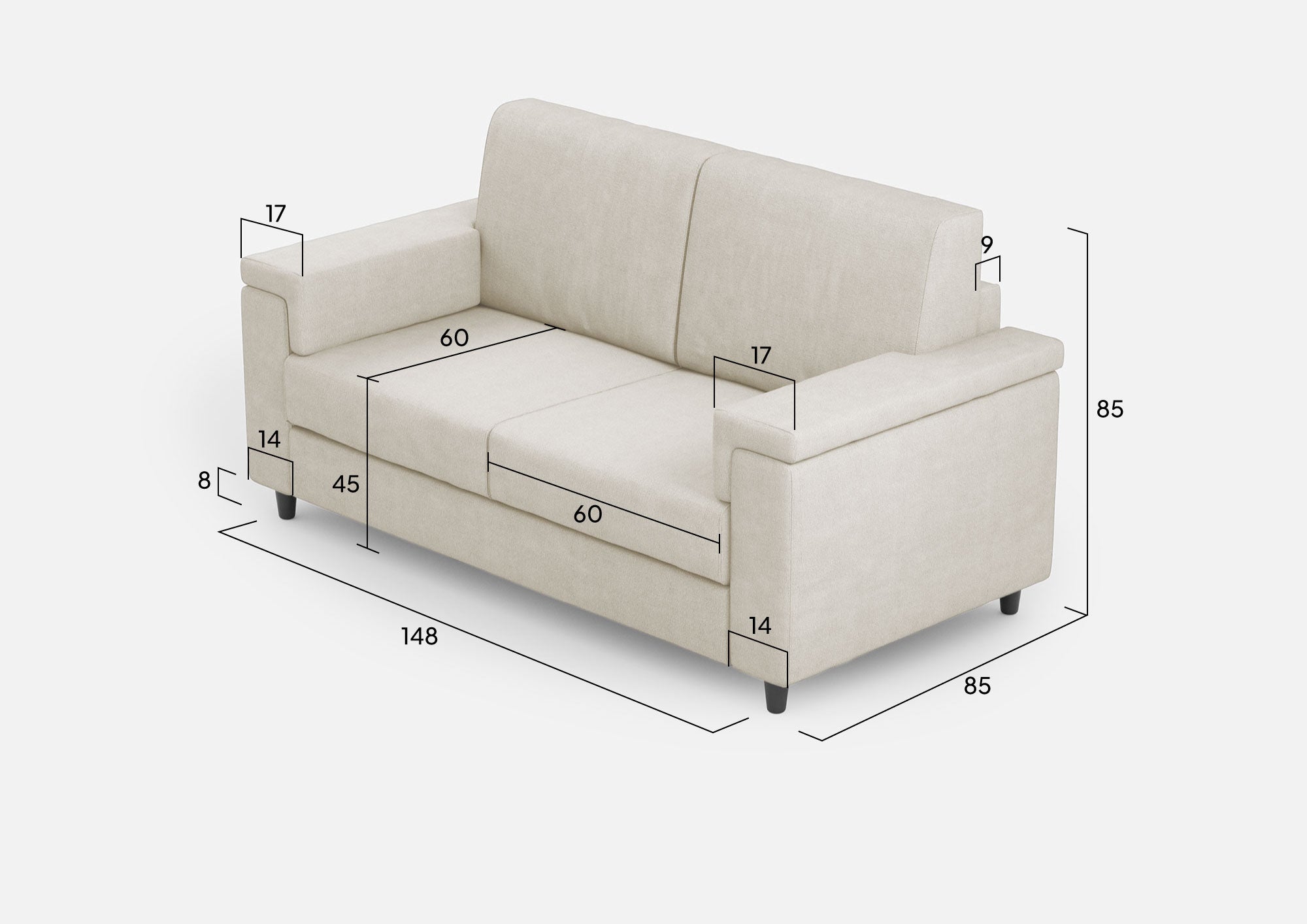 Divano 2 Posti 168x85x85 cm Marrak in Tessuto Latte