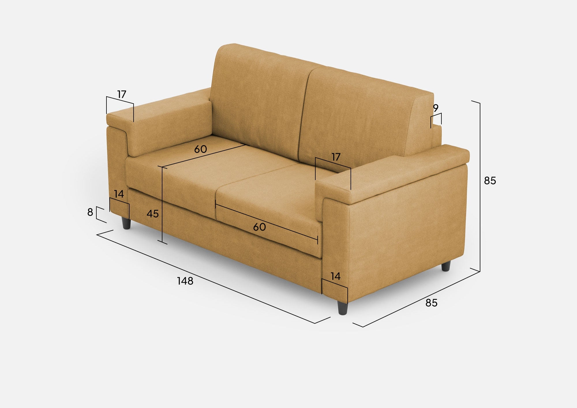 Divano 2 Posti 168x85x85 cm Marrak in Tessuto Ocra