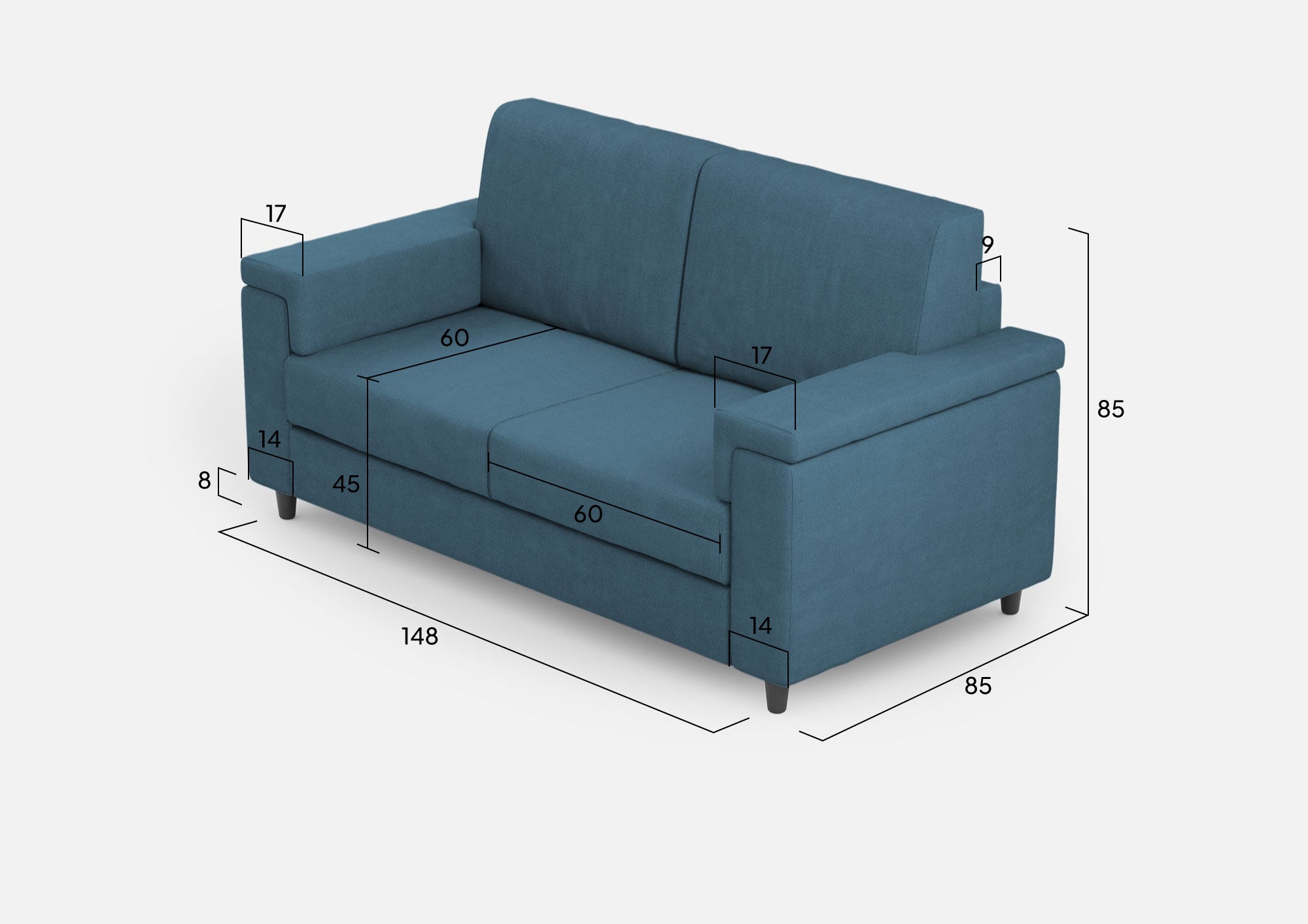 Divano 2 Posti 168x85x85 cm Marrak in Tessuto Avio