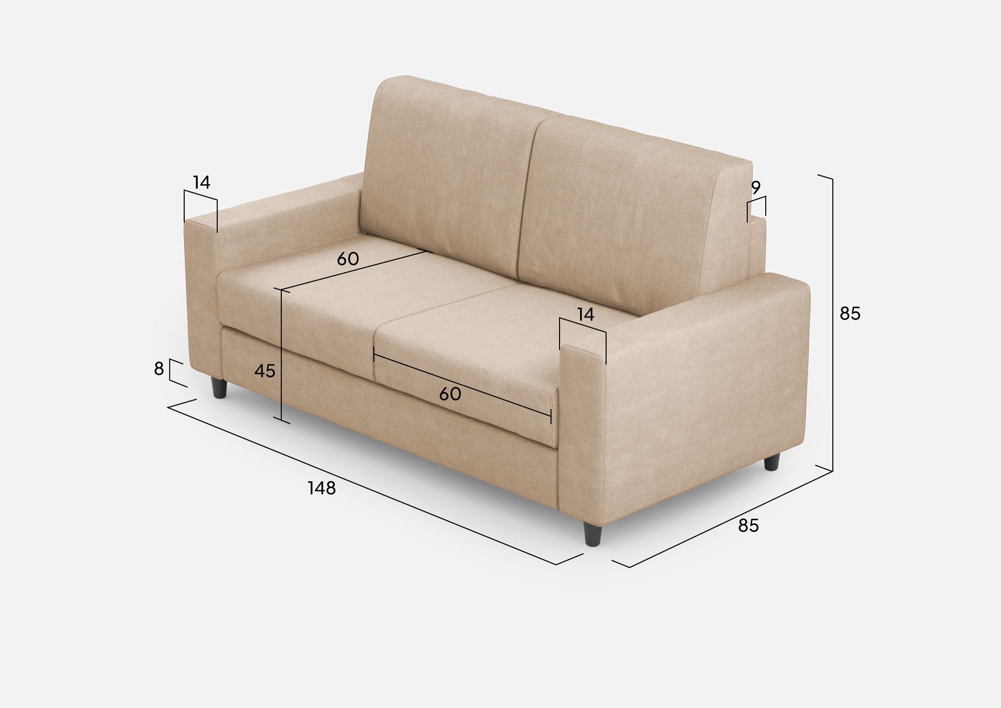 Divano 2 Posti 148x85x85 cm Sakar in Tessuto Beige