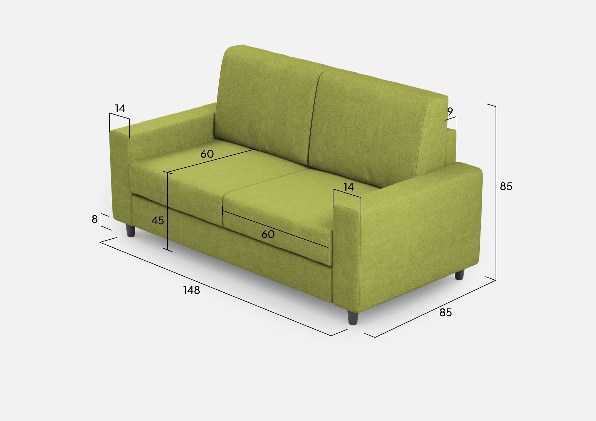 Divano 2 Posti 148x85x85 cm Sakar in Tessuto Verde