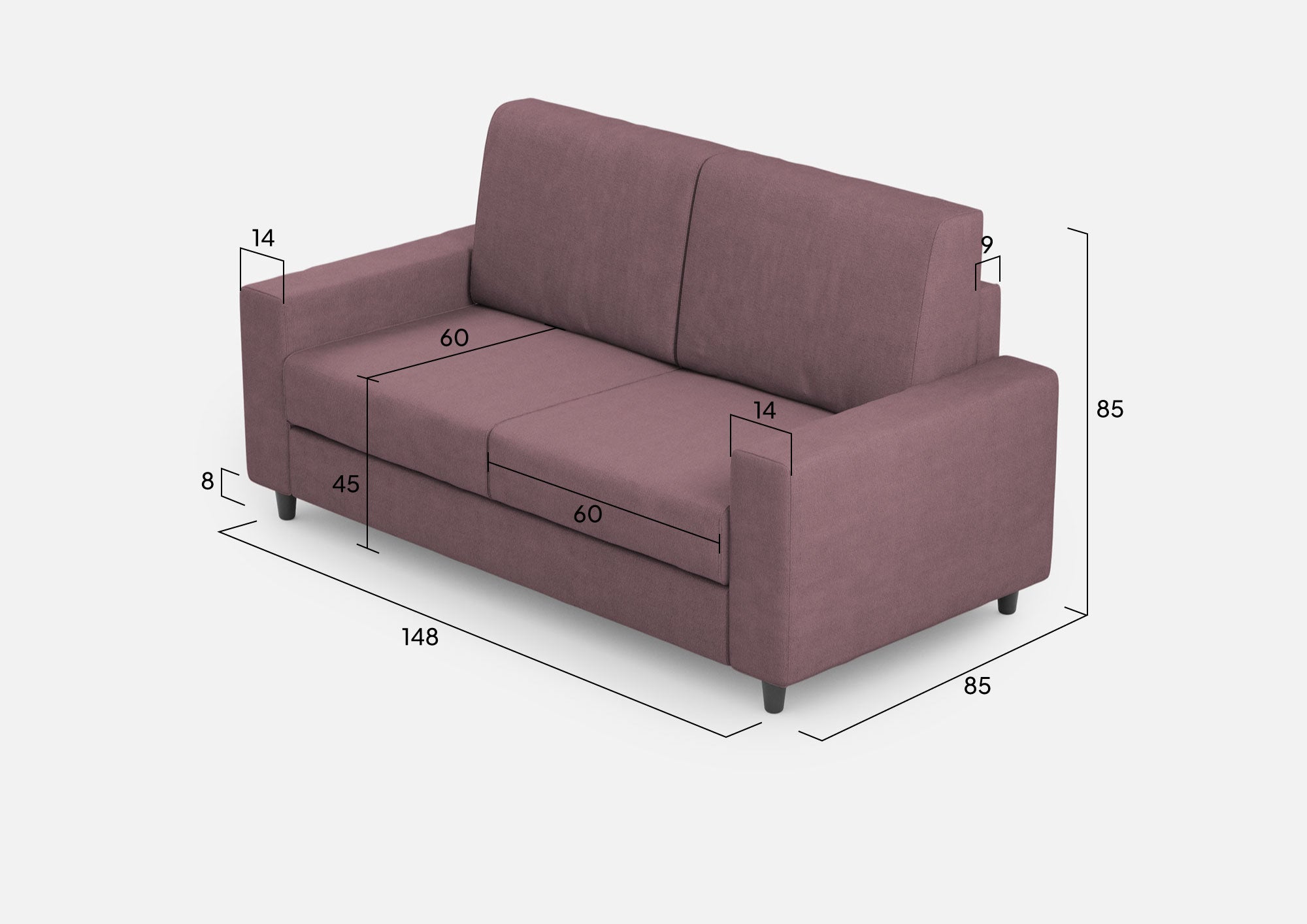 Divano 2 Posti 168x85x85 cm Sakar in Tessuto Prugna