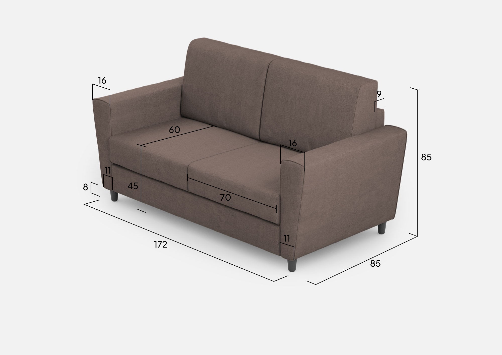 Divano 2 Posti 172x85x85 cm Yasel in Tessuto Talpa