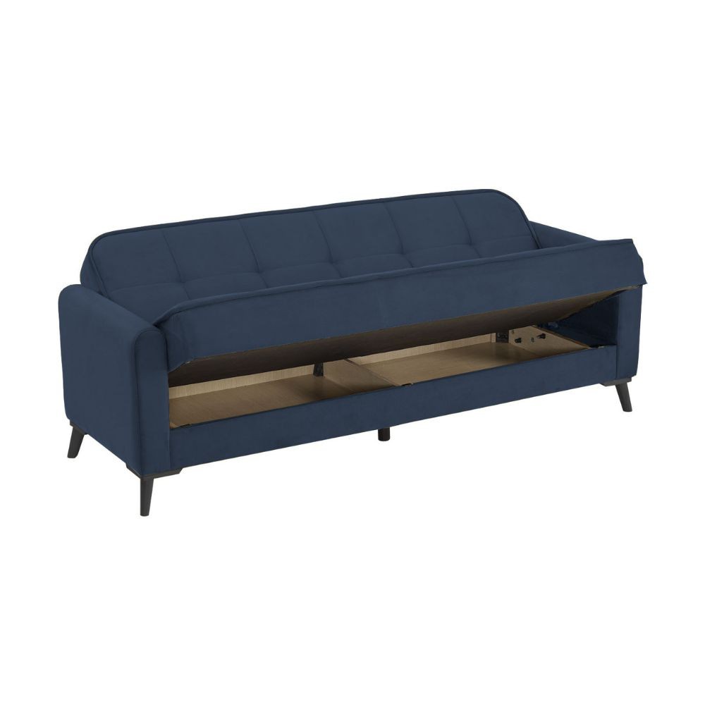 Divano 3 posti con funzione letto e contenitore Marina in tessuto blu 215x85x90H