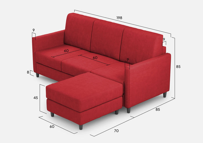 Divano 3 Posti con Pouf 198x155x85 cm Karay in Tessuto Rosso