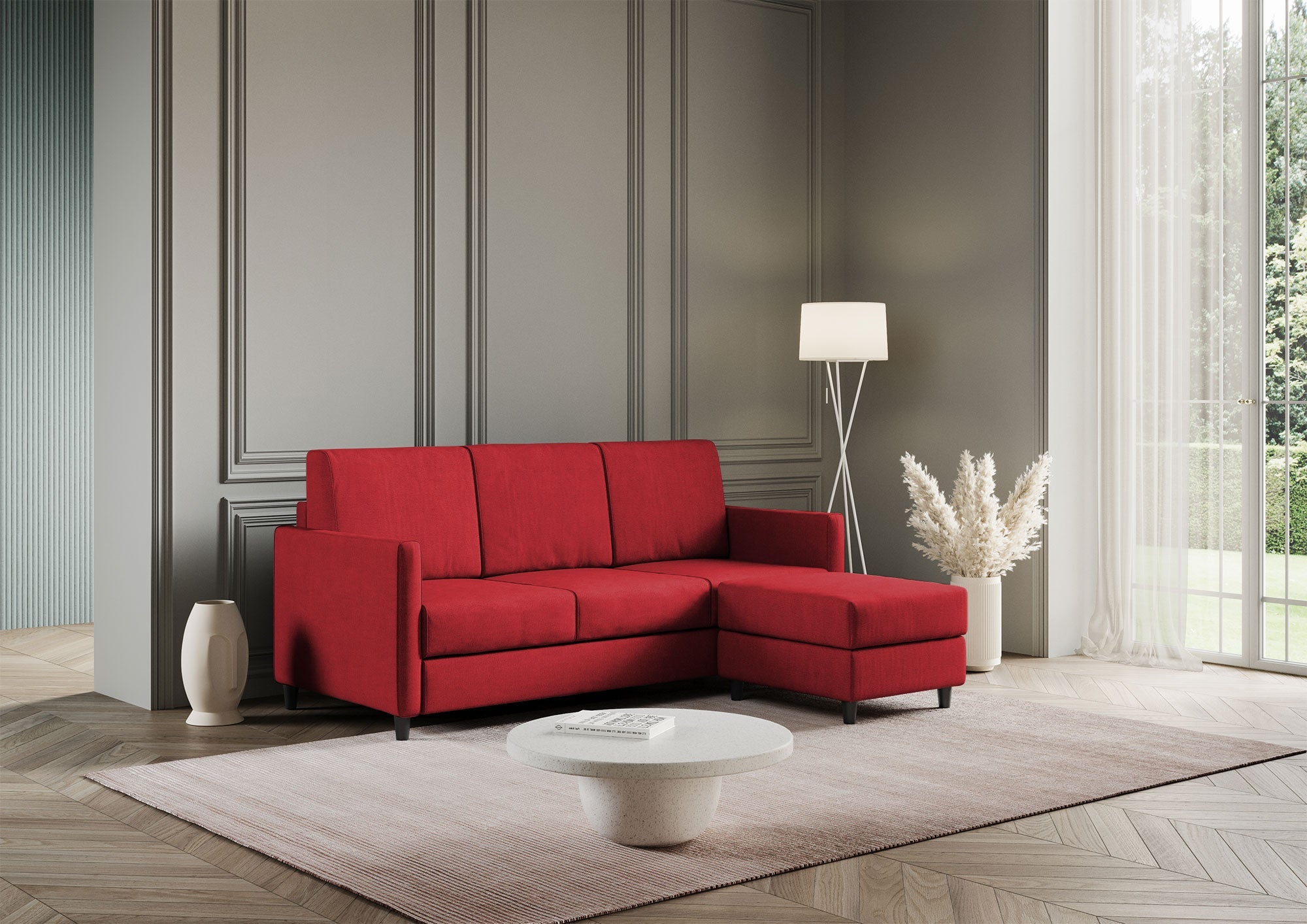 Divano 3 Posti con Pouf 198x155x85 cm Karay in Tessuto Rosso