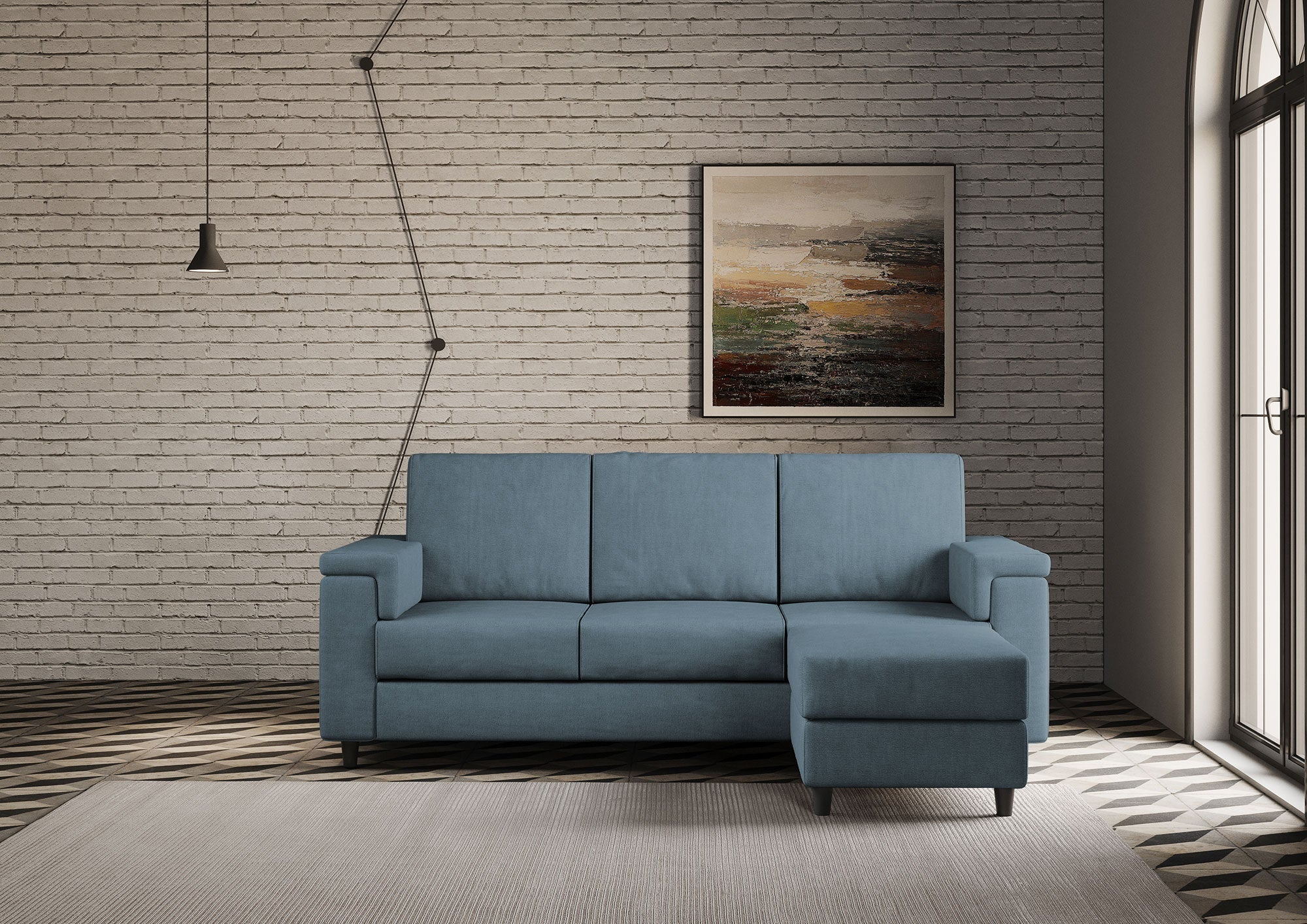 Divano 3 Posti con Pouf 208x155x85 cm Marrak in Tessuto Avio