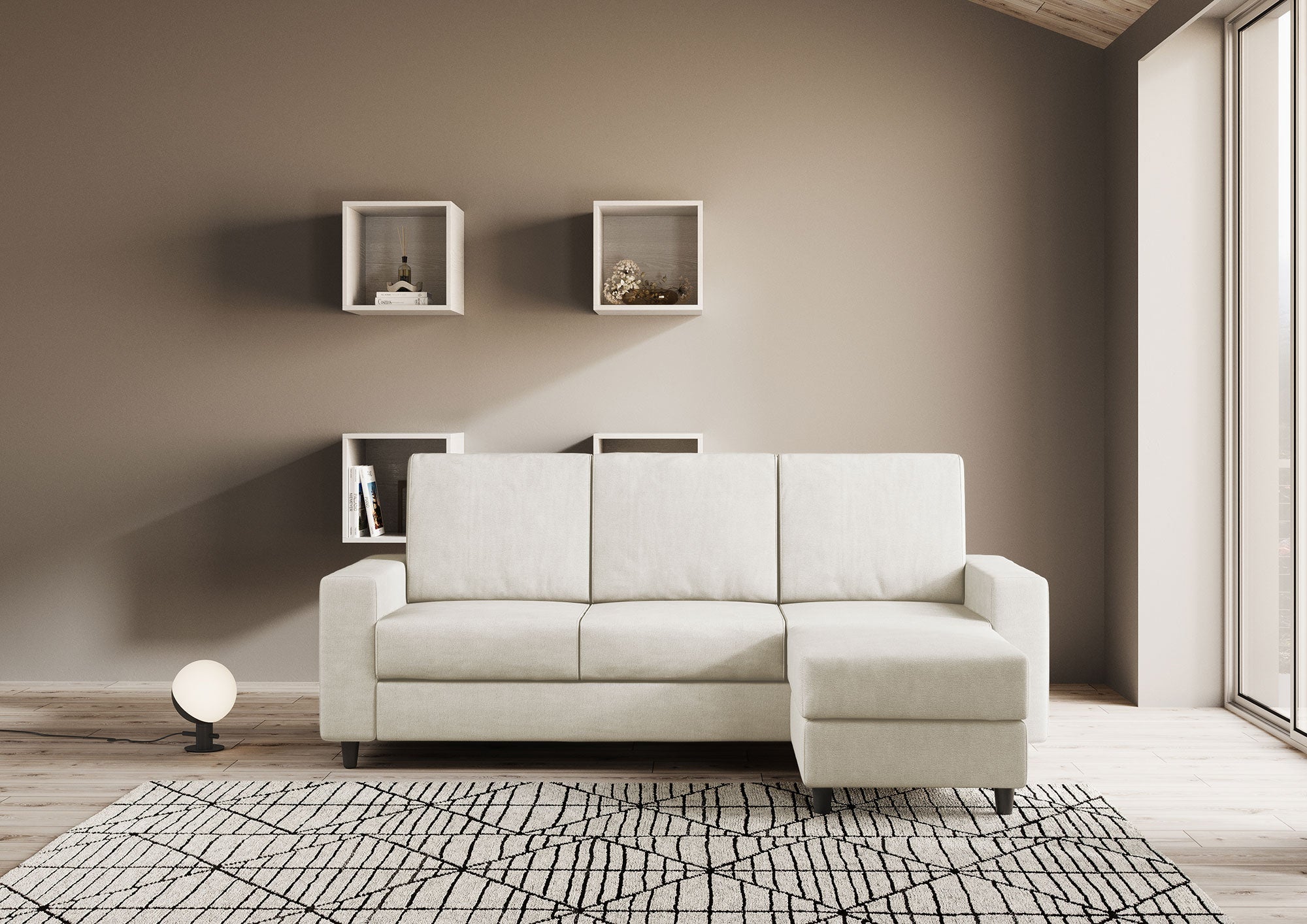 Divano 3 Posti con Pouf 208x155x85 cm Sakar in Tessuto Latte