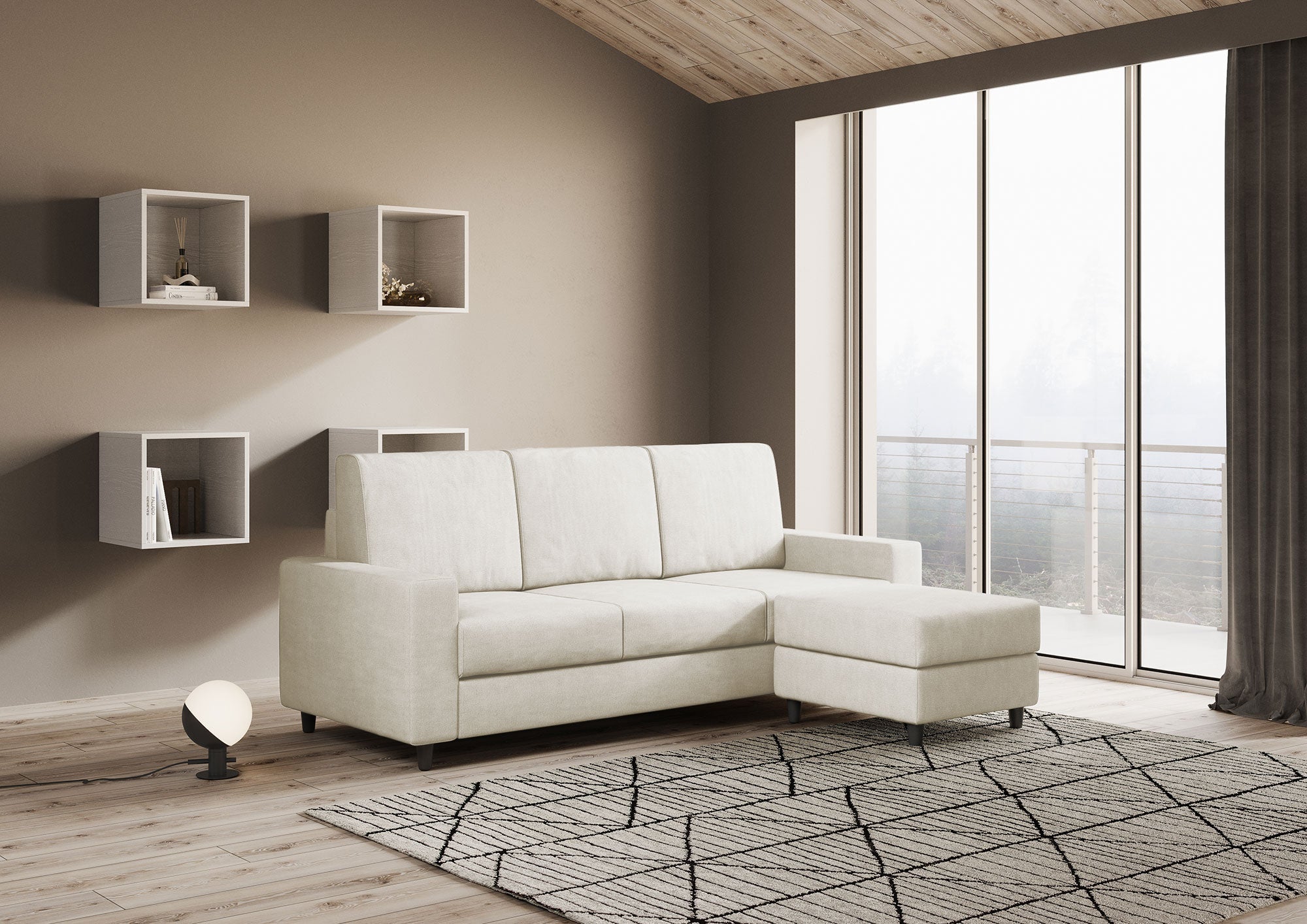 Divano 3 Posti con Pouf 208x155x85 cm Sakar in Tessuto Latte