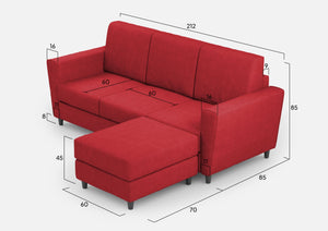 Divano 3 Posti con Pouf 212x155x85 cm Yasel in Tessuto Rosso