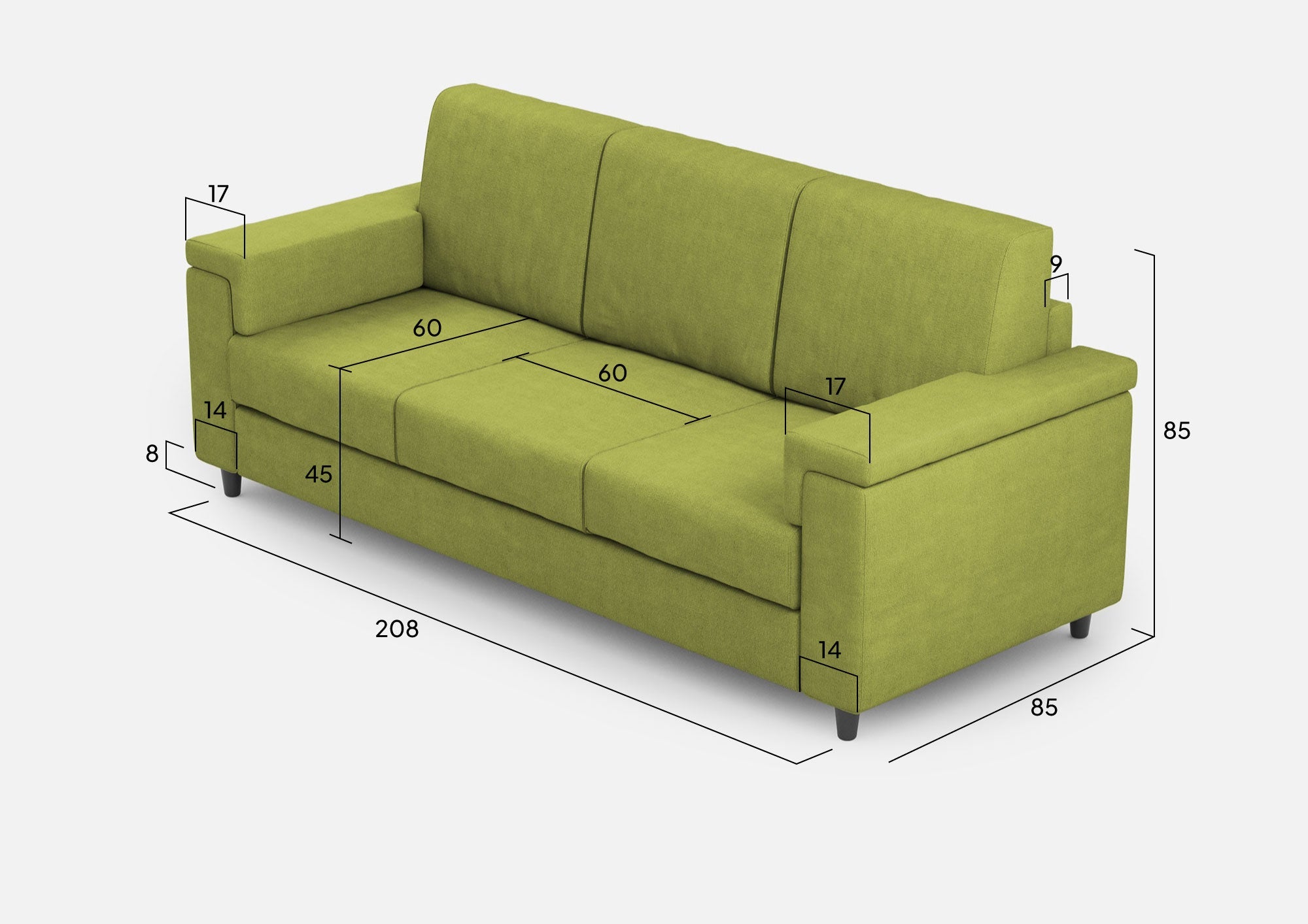 Divano 3 Posti 208x85x85 cm Marrak in Tessuto Verde