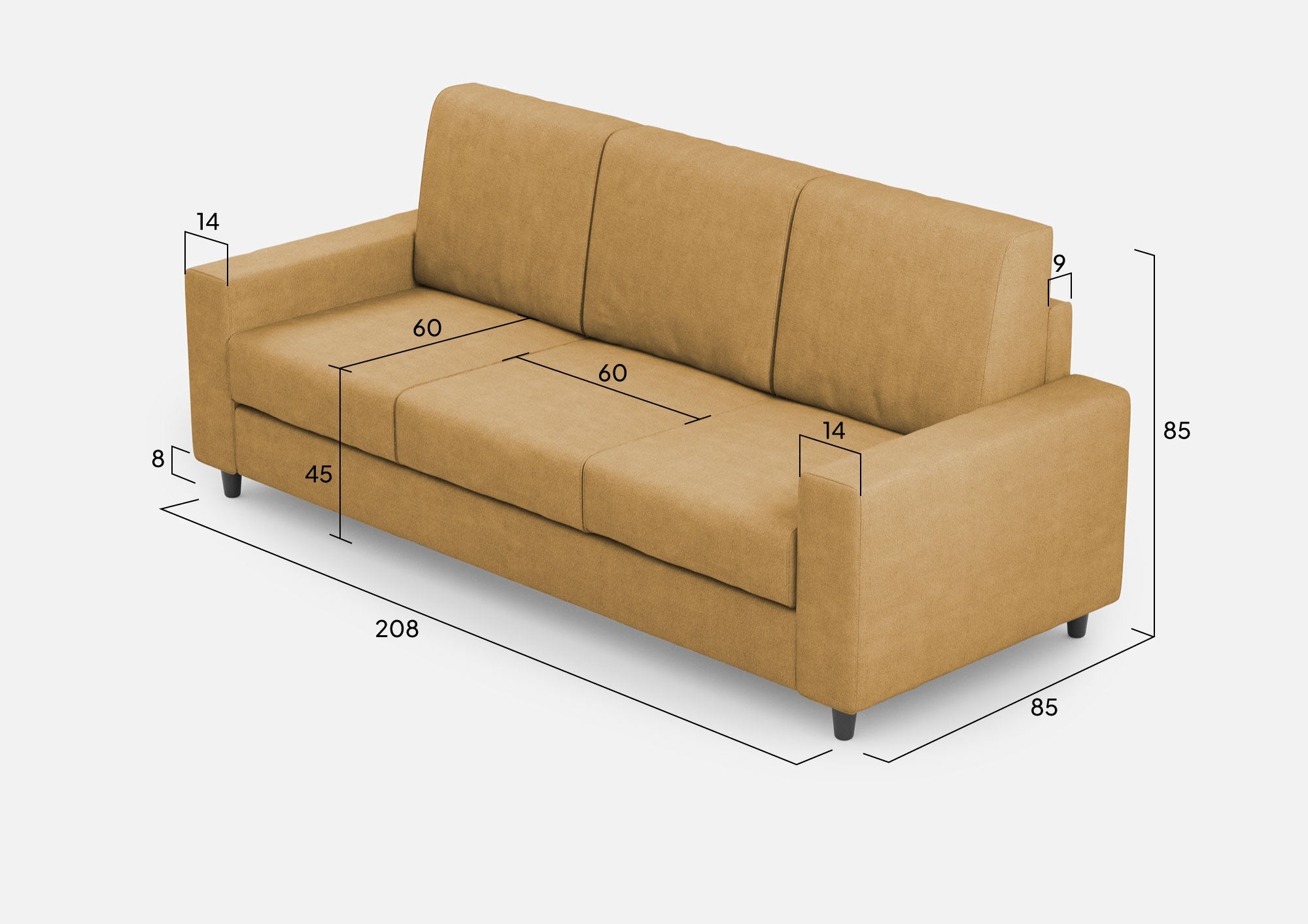 Divano 3 Posti 208x85x85 cm Sakar in Tessuto Ocra