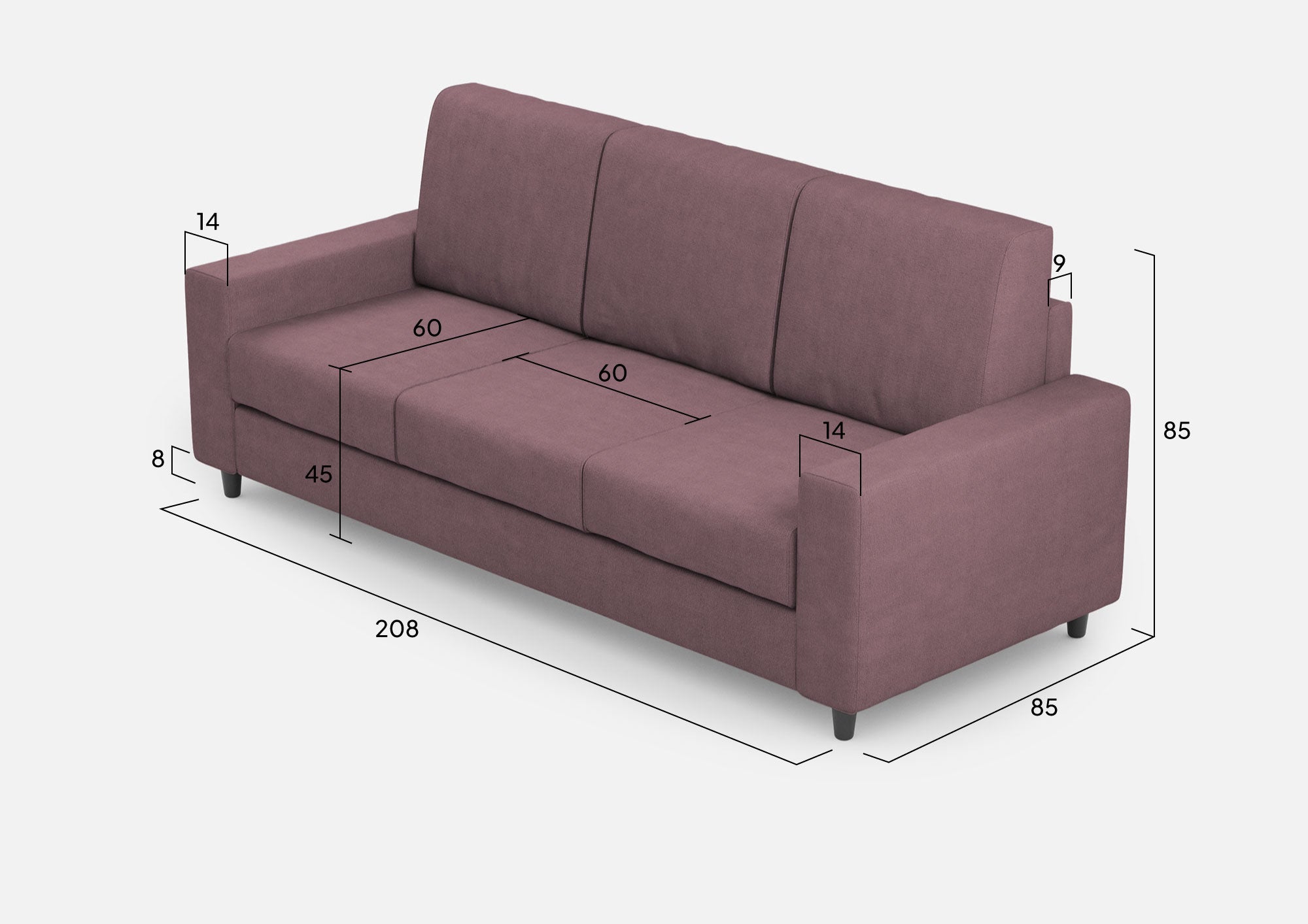 Divano 3 Posti 208x85x85 cm Sakar in Tessuto Prugna