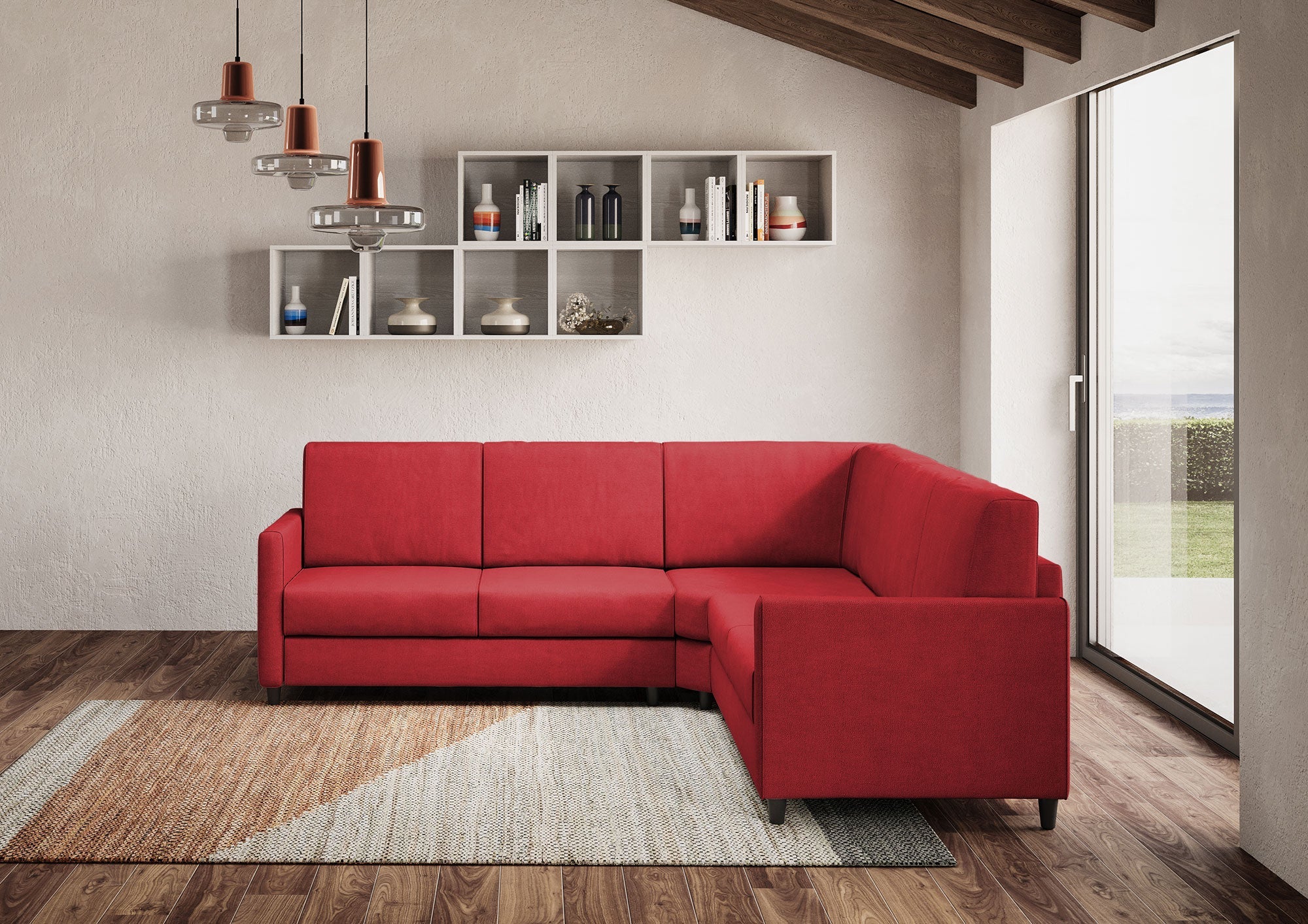 Divano Angolare 5 Posti 221x221x85 cm Karay in Tessuto Rosso