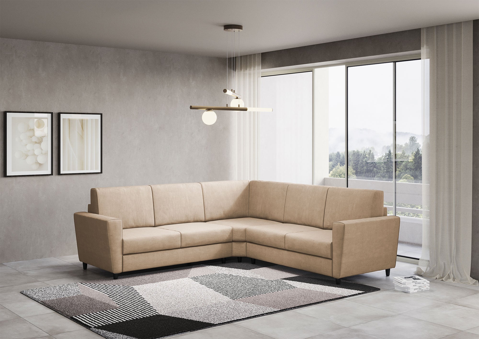 Divano Angolare 5 Posti 248x248x85 cm Yasel in Tessuto Beige