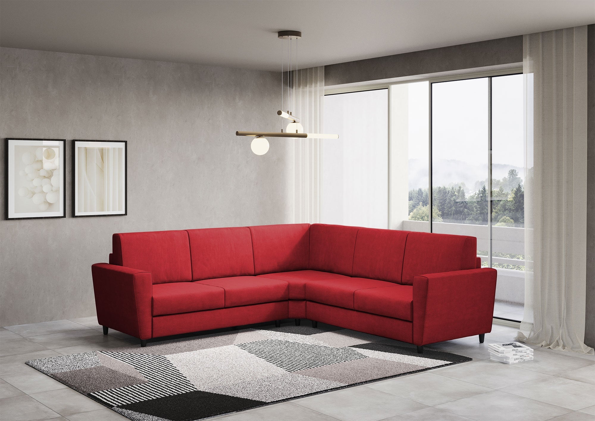 Divano Angolare 5 Posti 248x248x85 cm Yasel in Tessuto Rosso