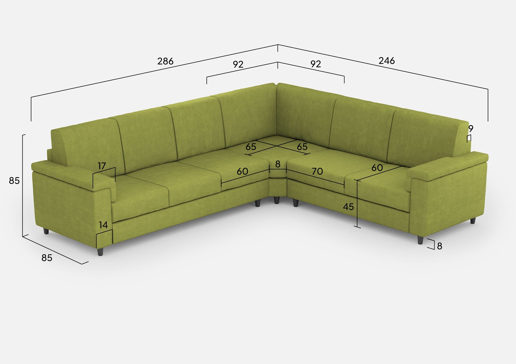 Divano Angolare 6 Posti 286x246x85 cm Marrak in Tessuto Verde