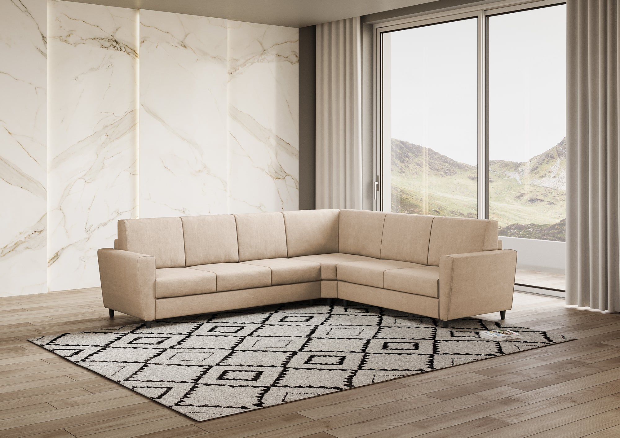 Divano Angolare 6 Posti 288x228x85 cm Yasel in Tessuto Beige