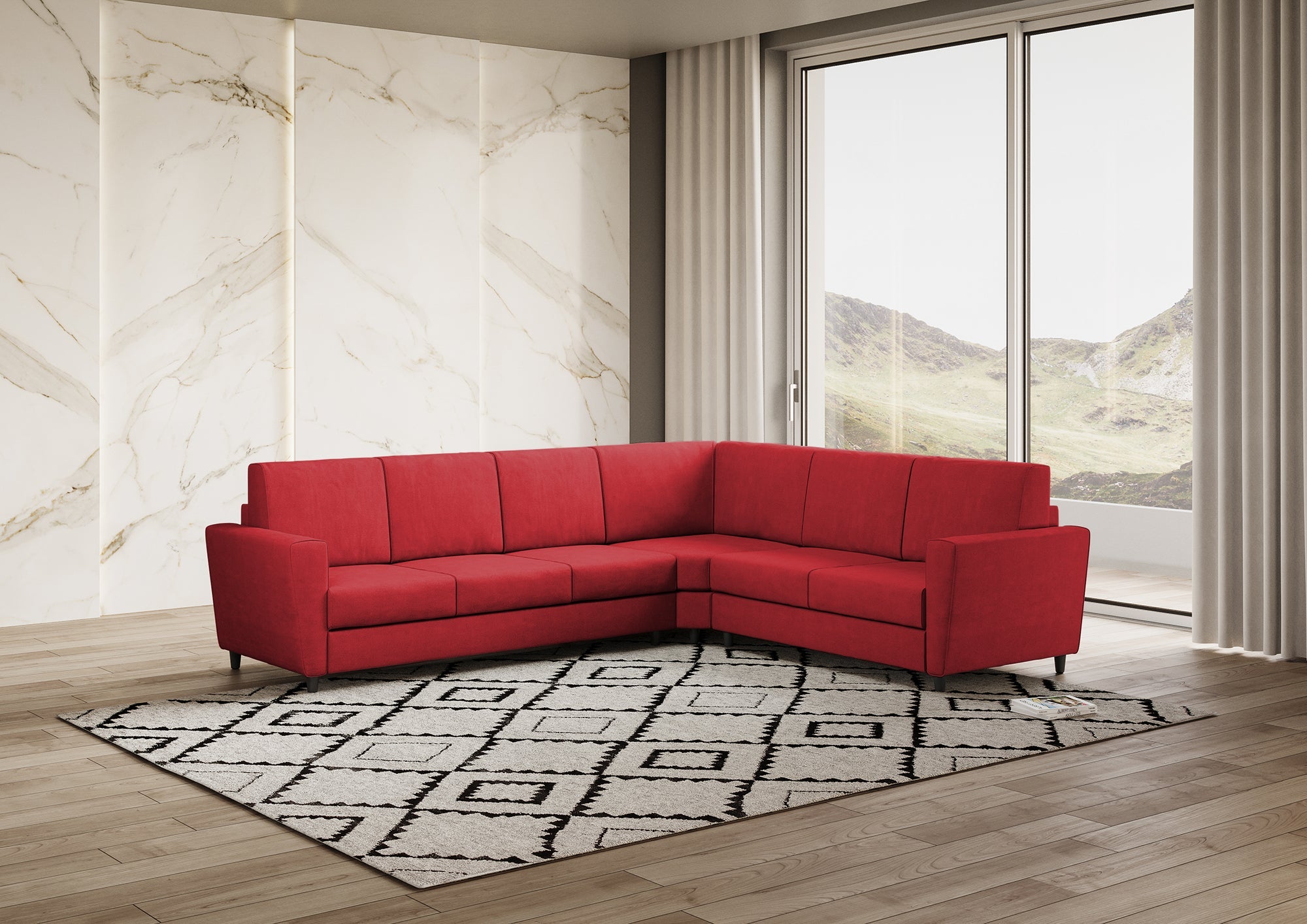 Divano Angolare 6 Posti 288x228x85 cm Yasel in Tessuto Rosso