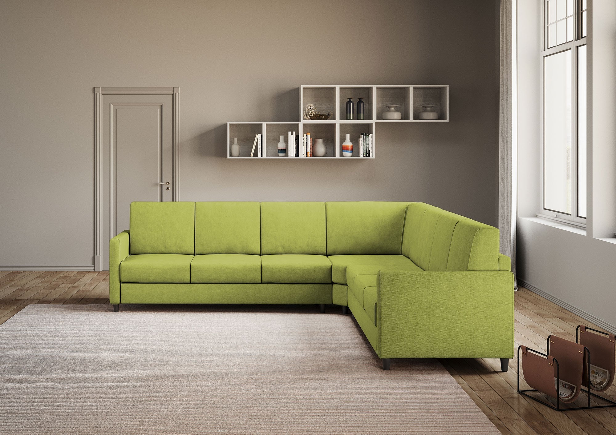 Divano Angolare 7 Posti 281x281x85 cm Karay in Tessuto Verde