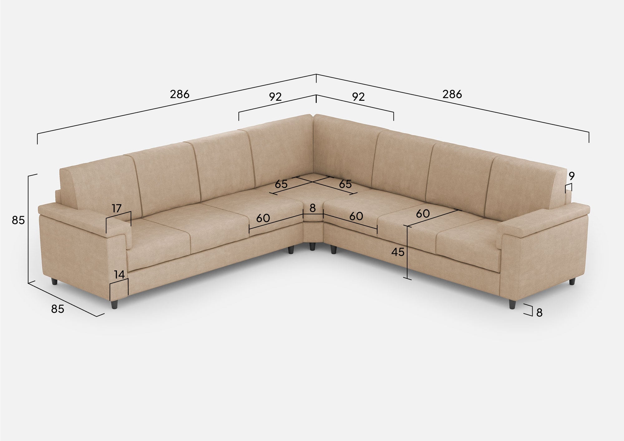 Divano Angolare 7 Posti 286x286x85 cm Marrak in Tessuto Beige