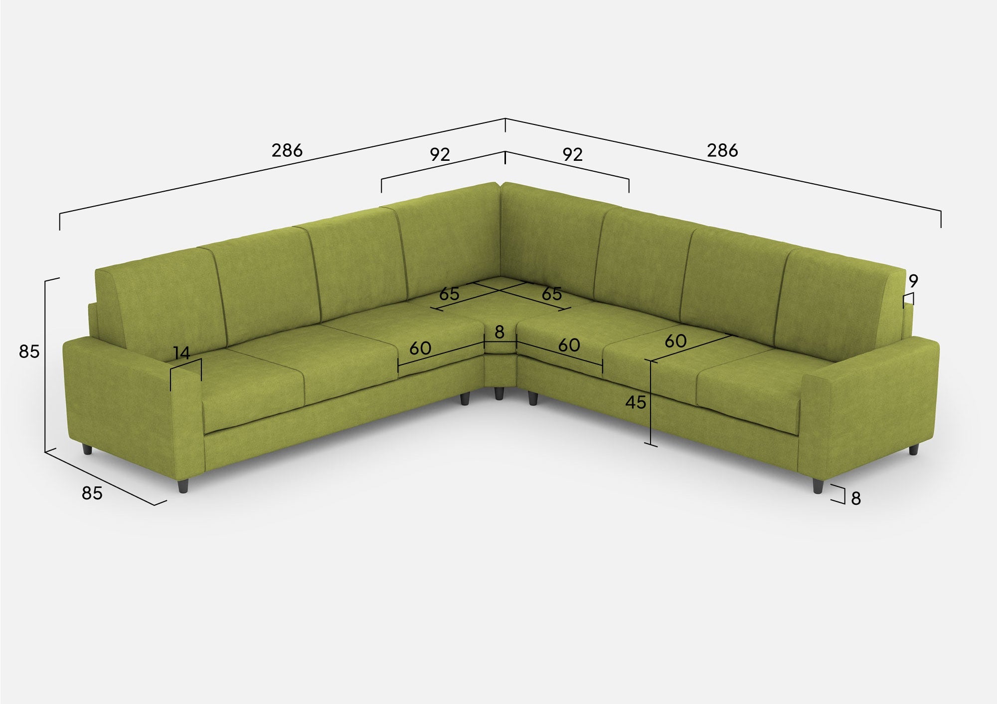 Divano Angolare 7 Posti 286x286x85 cm Sakar in Tessuto Verde