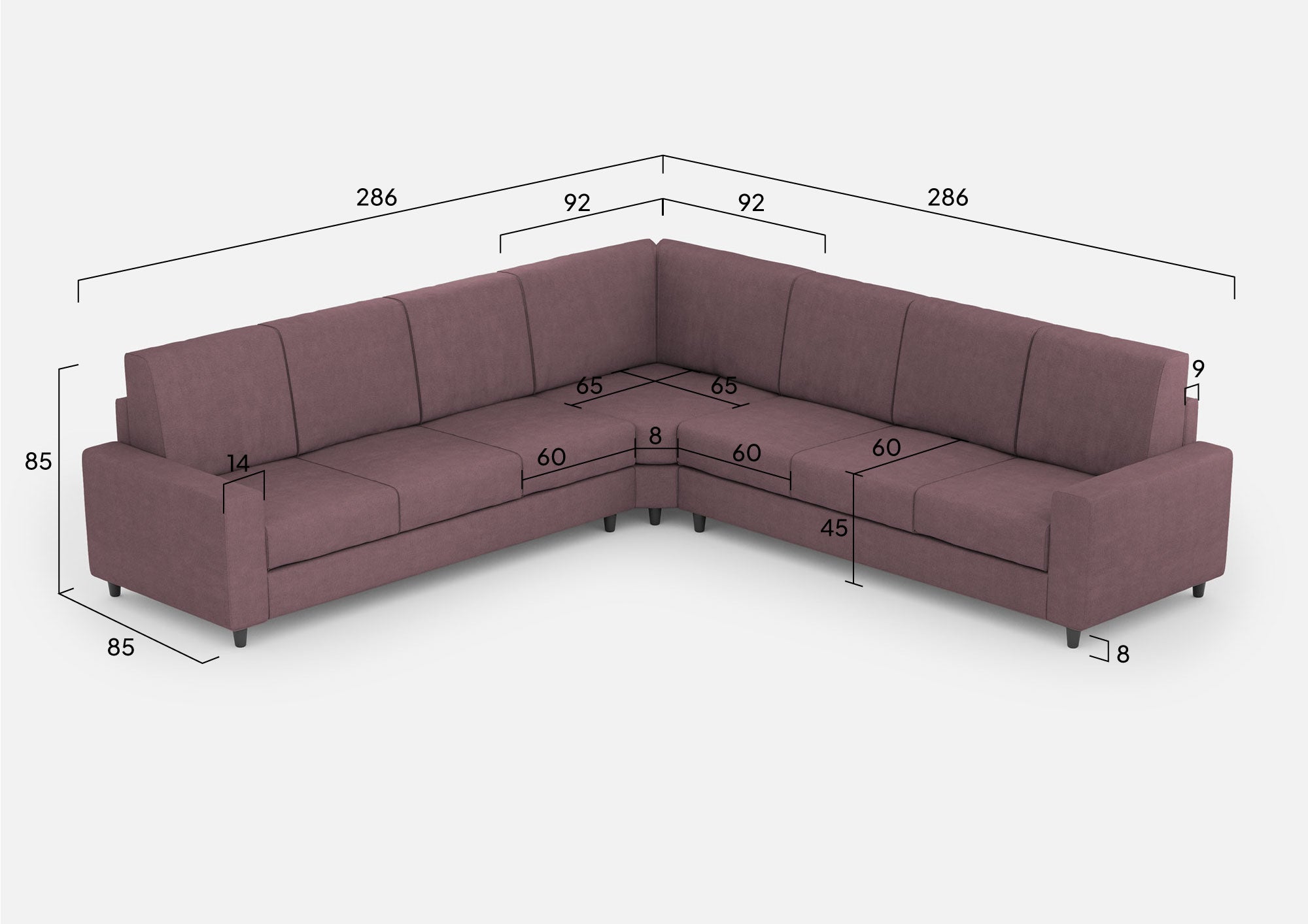 Divano Angolare 7 Posti 286x286x85 cm Sakar in Tessuto Prugna