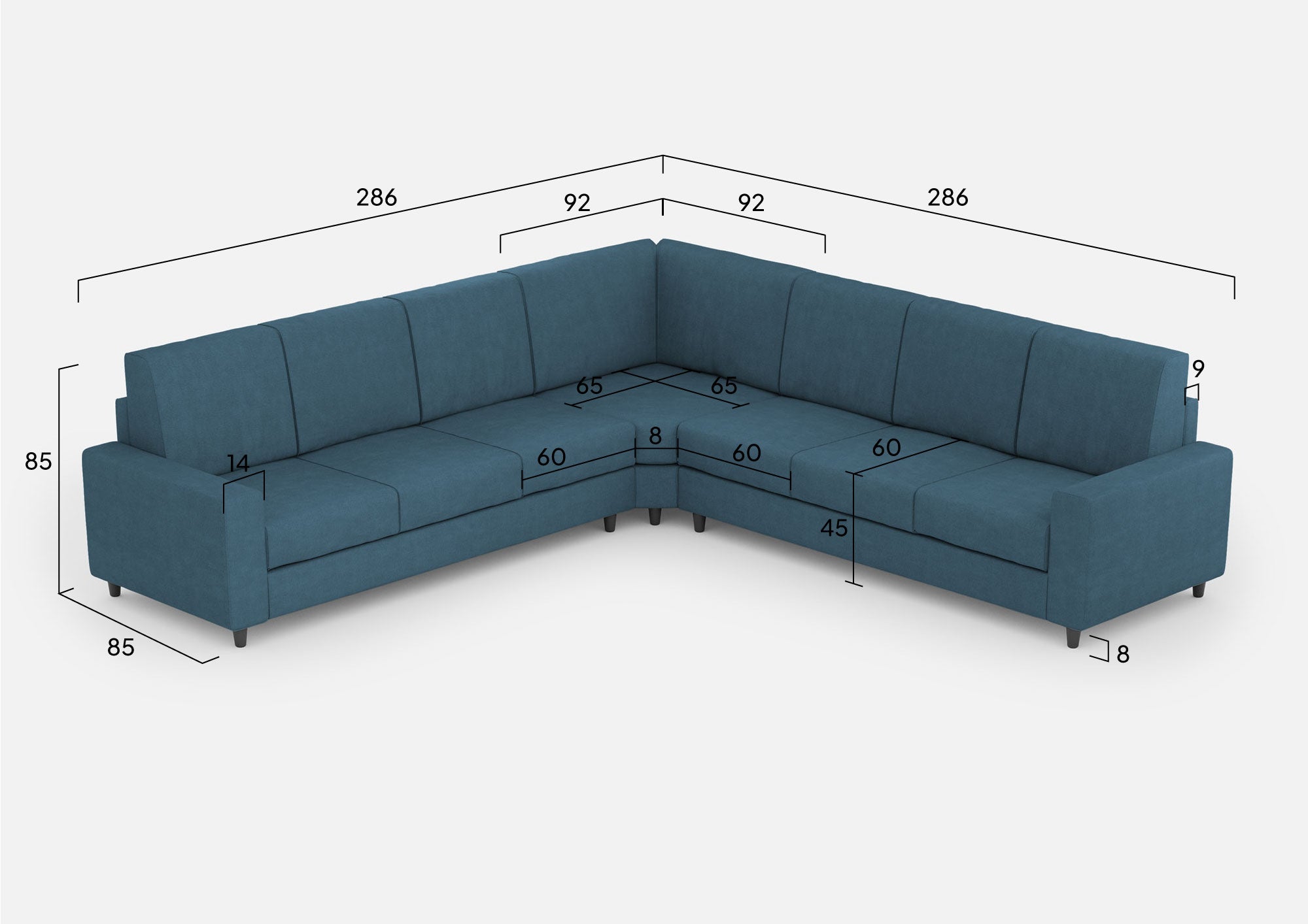 Divano Angolare 7 Posti 286x286x85 cm Sakar in Tessuto Avio