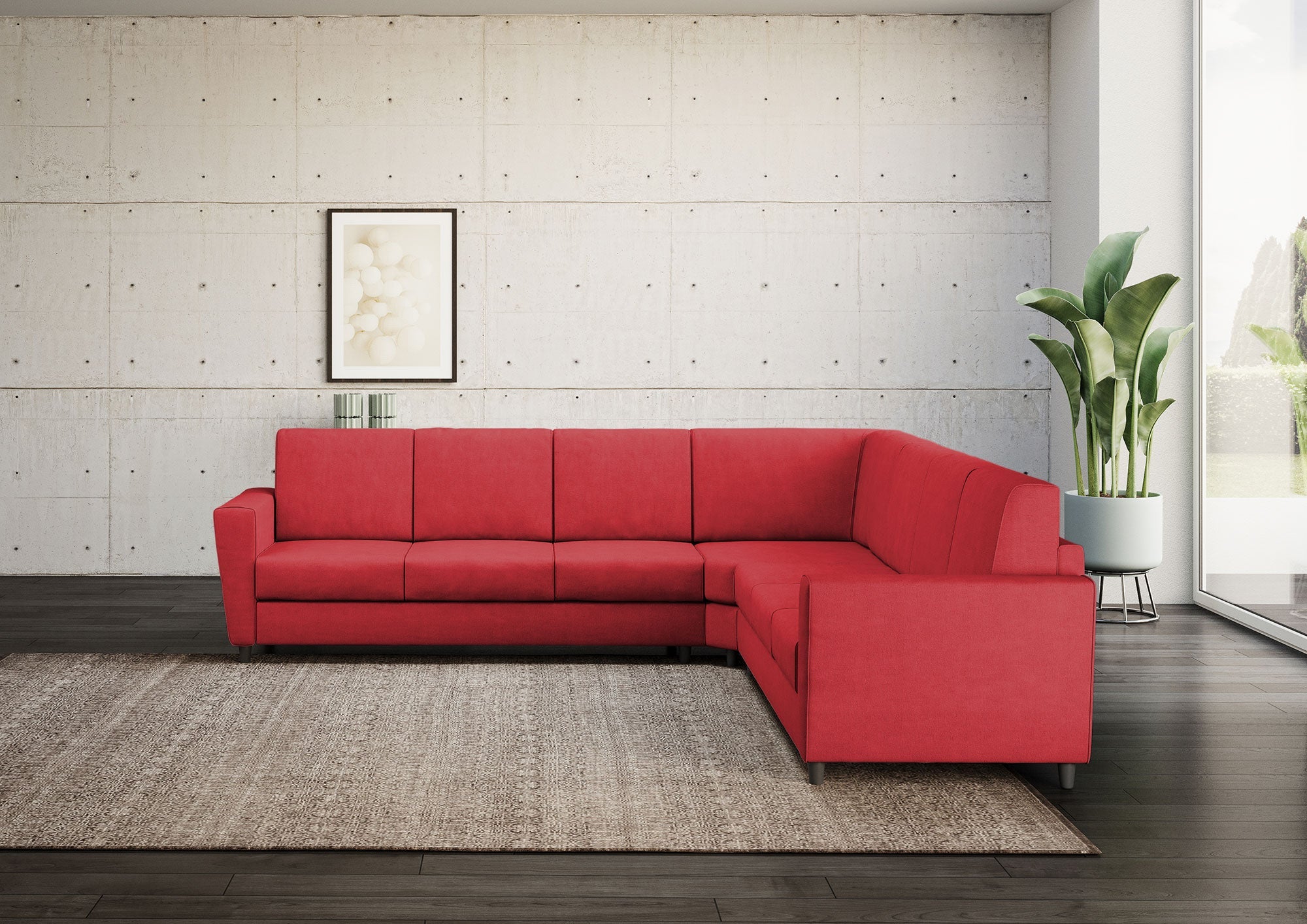 Divano Angolare 7 Posti 288x288x85 cm Yasel in Tessuto Rosso