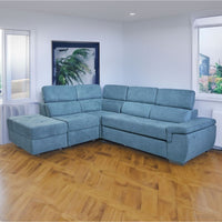 Divano letto estraibile tessuto verde acqua con penisola reversibile Lughen Roma25 280x230x85h