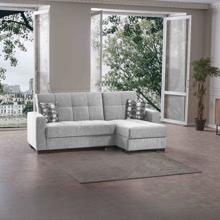 Divano penisola reversibile funzione letto e doppio contenitore tessuto grigio chiaro Fermina Lounge 240x138x99H