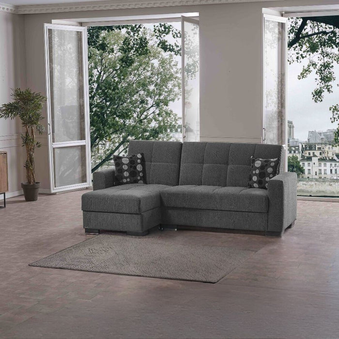 Divano penisola reversibile funzione letto e doppio contenitore tessuto grigio Fermina Lounge 240x138x99H