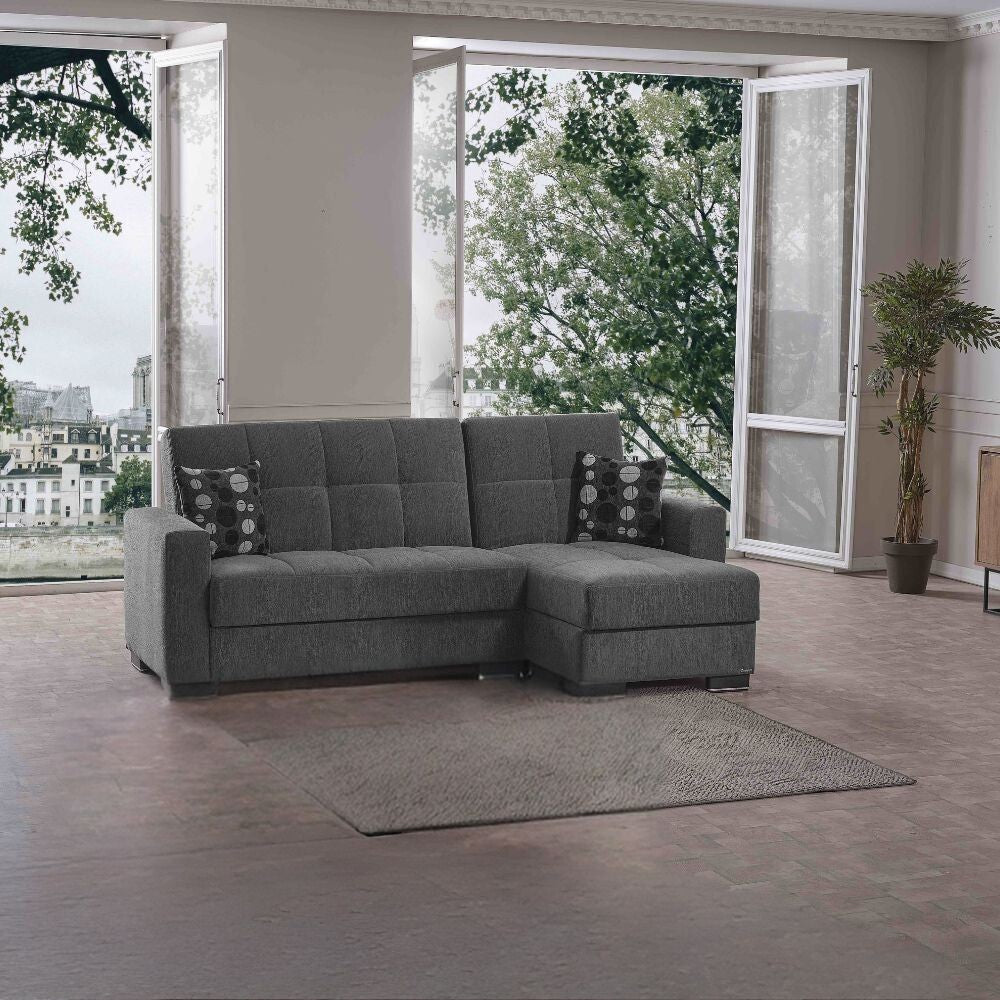 Divano penisola reversibile funzione letto e doppio contenitore tessuto grigio Fermina Lounge 240x138x99H