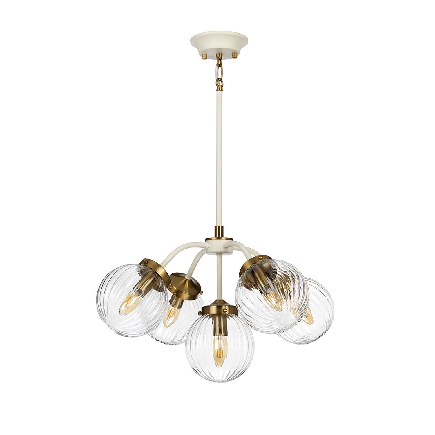 Lampadario Contemporaneo Cosmos Acciaio Crema Vetro Ottone 5 Luci E14