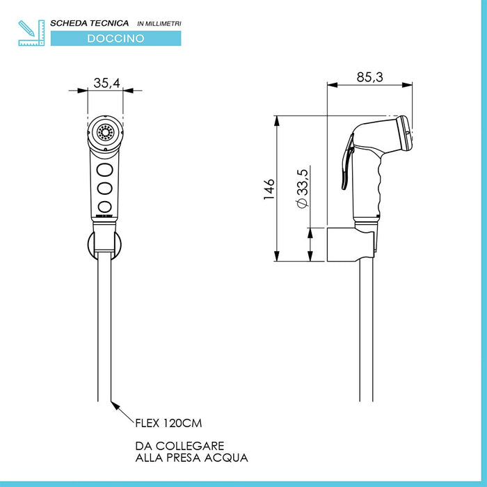 Doccetta igienica bianca con flessibile 120 cm completa di supporto e tasselli