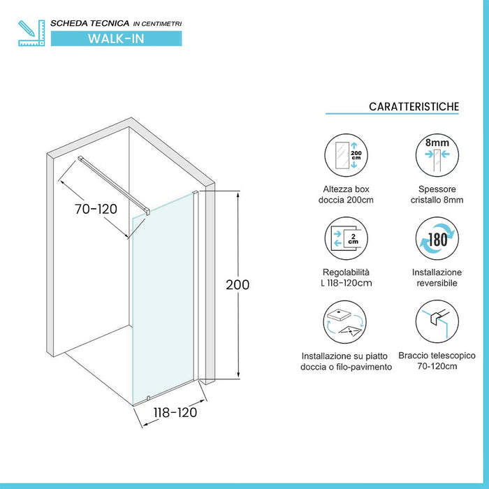 Doccia Walk-In 120 cm nero opaco con vetro trasparente H 200 cm Tay