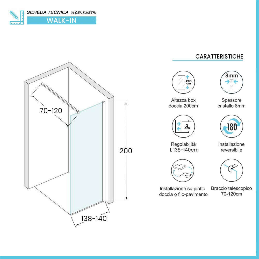 Doccia Walk-In 140 cm nero opaco con vetro trasparente H 200 cm Tay