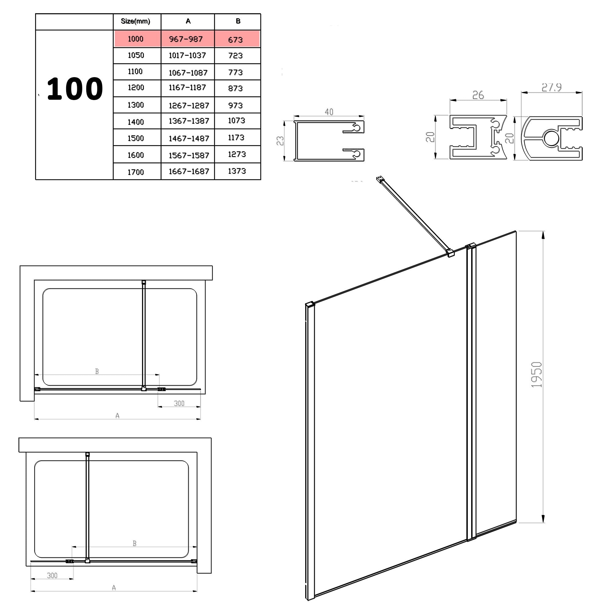 Parete Doccia Walk-In 170 cm con Aletta Orientabile in Cristallo trasparente 8mm H195 Bonussi Sveva