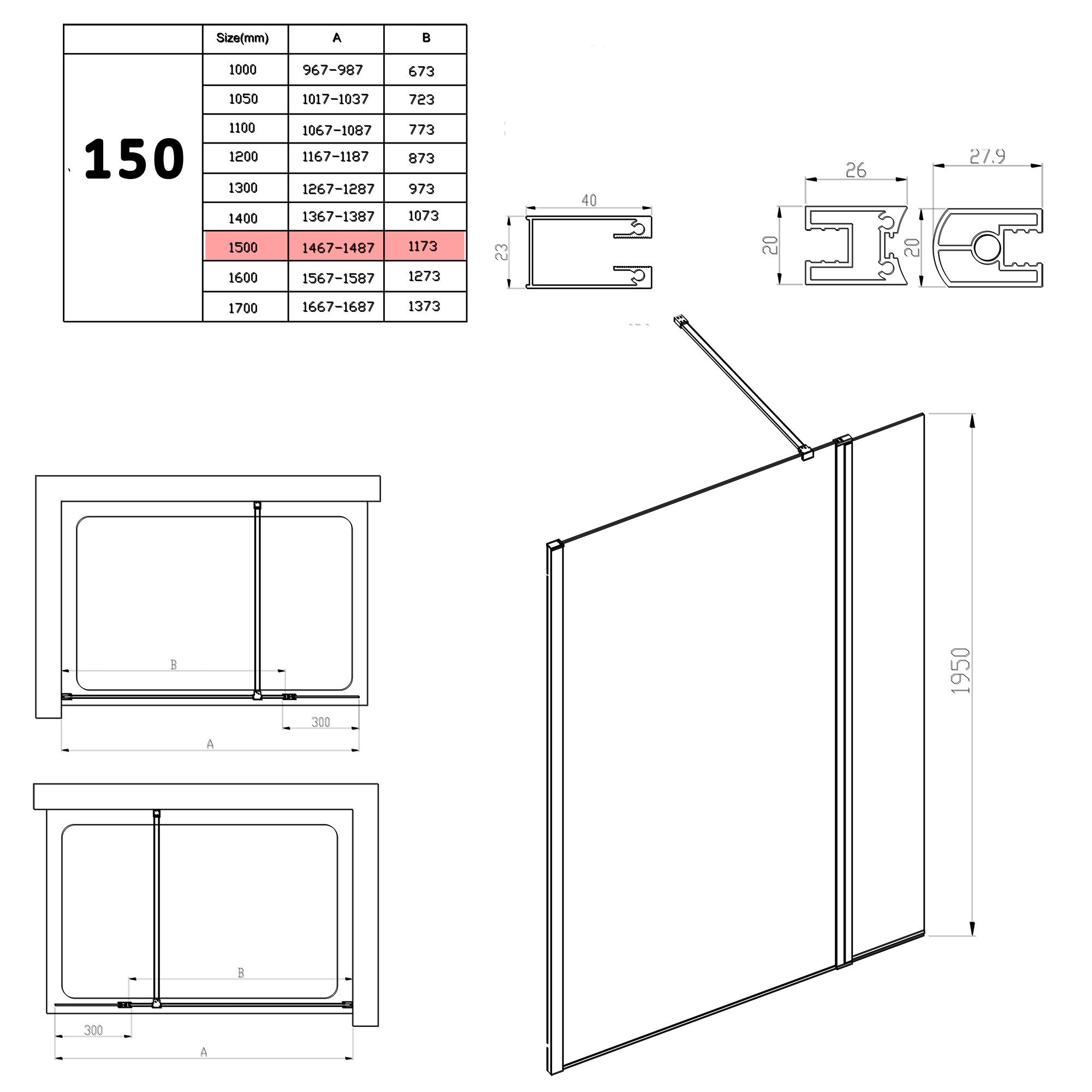 Parete Doccia Walk-In 150 cm con Aletta Richiudibile in Cristallo trasparente 8mm H195 Bonussi Sveva