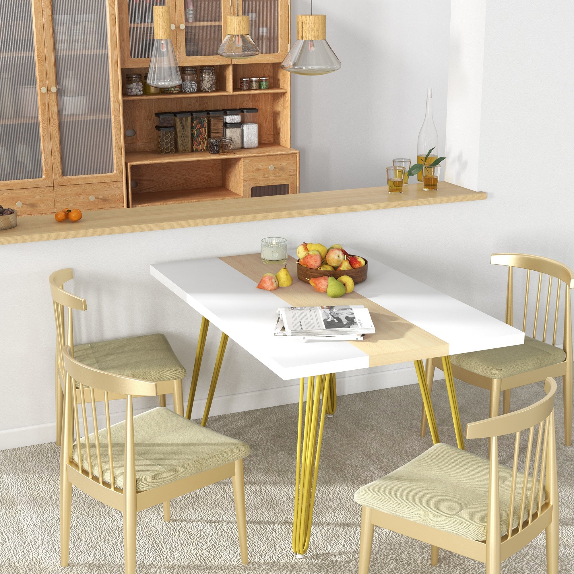 Tavolo da Cucina e Soggiorno per 6 Persone Max con Gambe a Forcina 140x89x75,5 cm in MDF e Acciaio Bianco Rovere e Oro