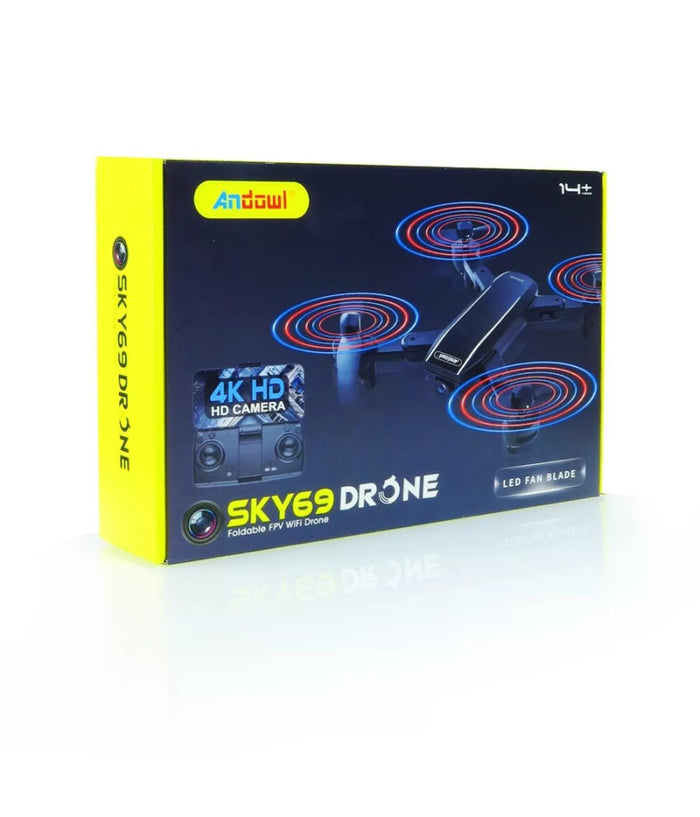 Drone Wifi 2,4 Ghz Fpv Pieghevole Sky69 Con Fotocamera 720p Lama Ventola A Led         