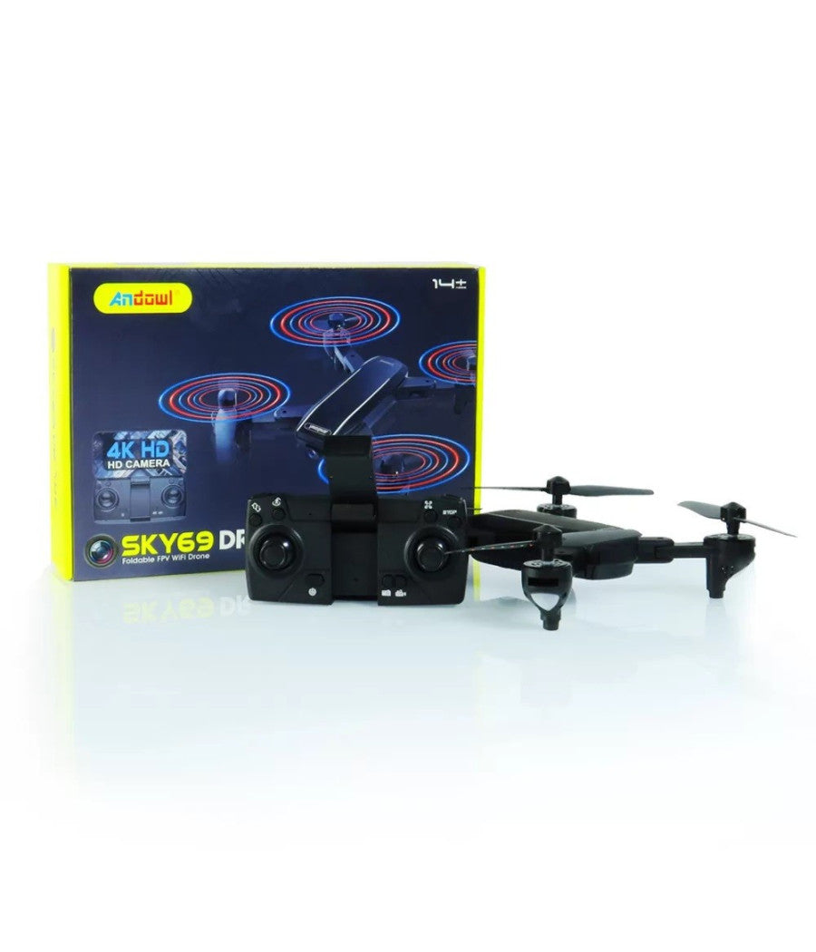 Drone Wifi 2,4 Ghz Fpv Pieghevole Sky69 Con Fotocamera 720p Lama Ventola A Led         