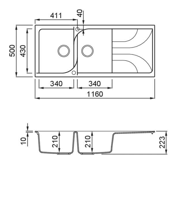 Lavello EGO 500 116X50 2 vasche + gocciolatoio ALUMINIUM 79