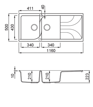 Lavello EGO 500 116X50 2 vasche + gocciolatoio NERO 40