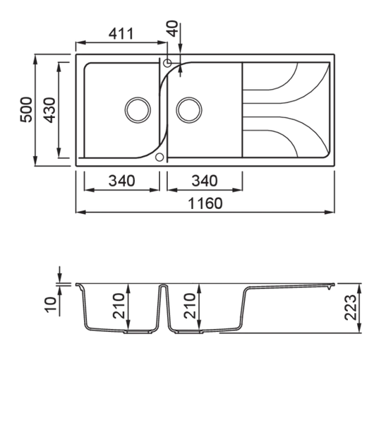Lavello EGO 500 116X50 2 vasche + gocciolatoio ANTRACITE 59